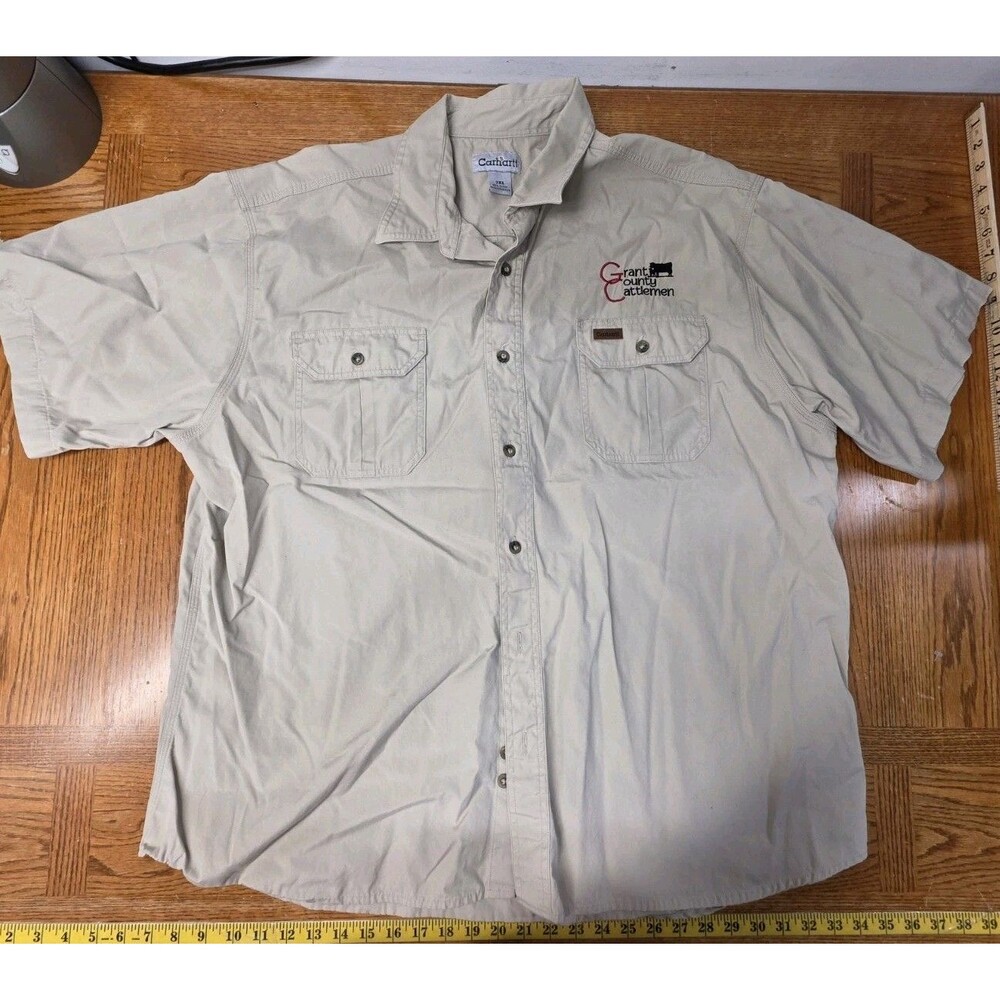 Mens Carhartt Tan Canvas Short Sleeve Button Down Shirt Size 2XL Embroidered